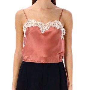 Saint Laurent Satin Lace-Trim Cami Top in Dusty Rose